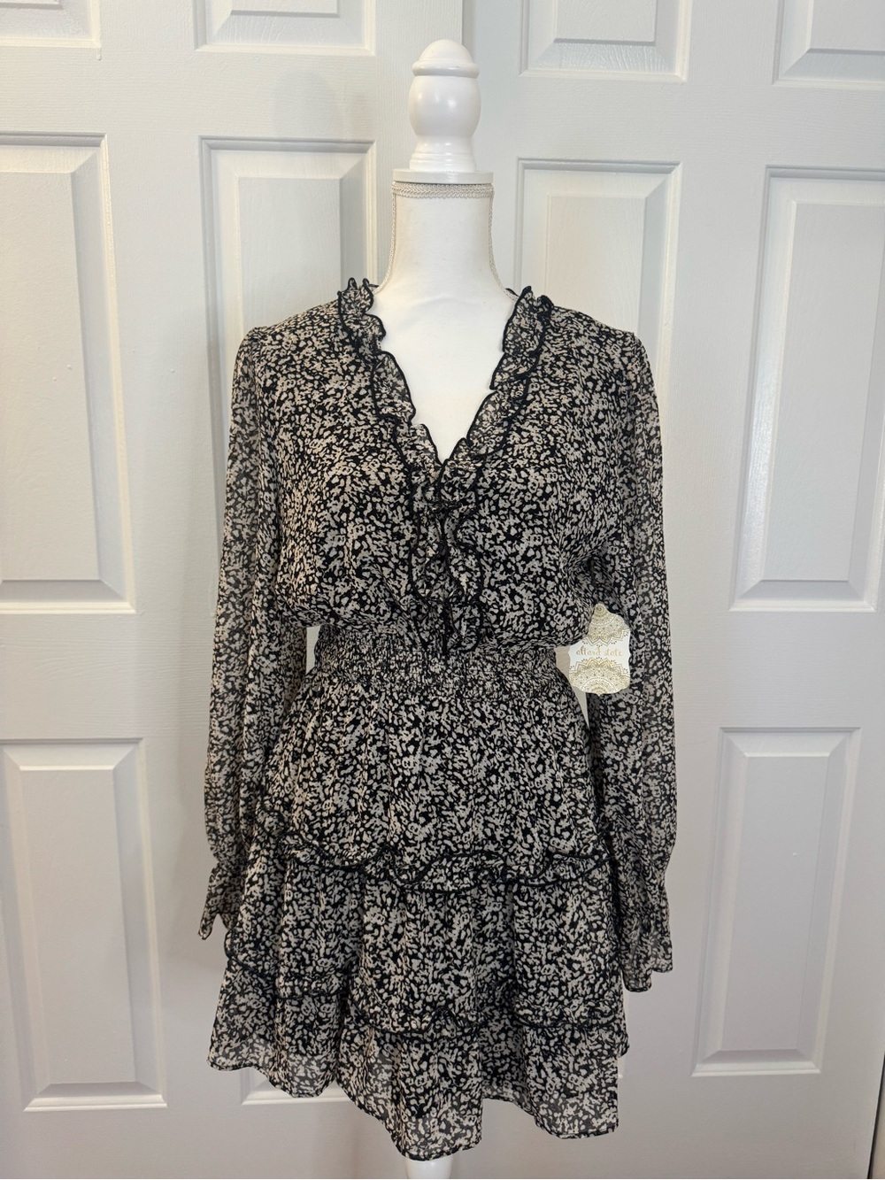 Altar'd State Black and Cream Floral Smock Waist Ruffle Tiered Long Sleeve Dress - Picture 2 of 9